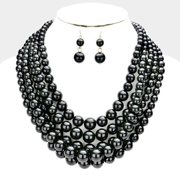 Pearl (faux) Black 5 Strand Gold Tone  Necklace & Earring Set - Picture 1 of 7
